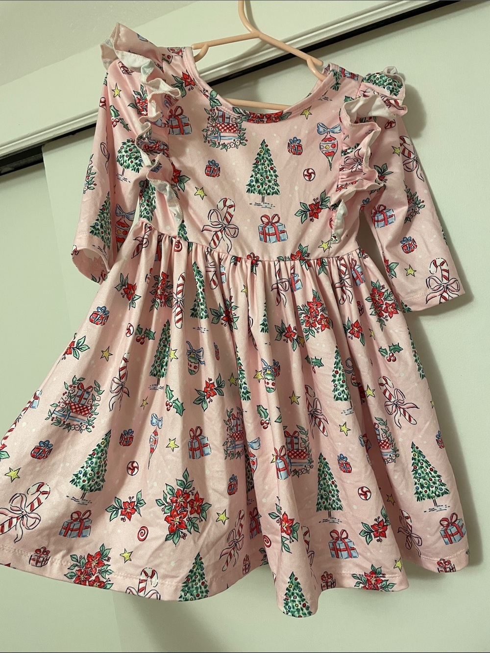 Mila & Rose Pink Holiday Ruffle-Sleeve Dress with Christmas Print